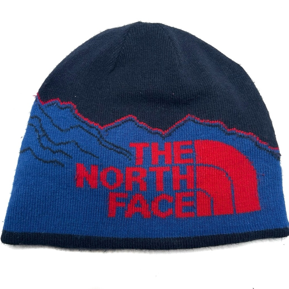 The North Face Winter Hat Youth Medium Kids Reversible Beanie Blue Red Mountain